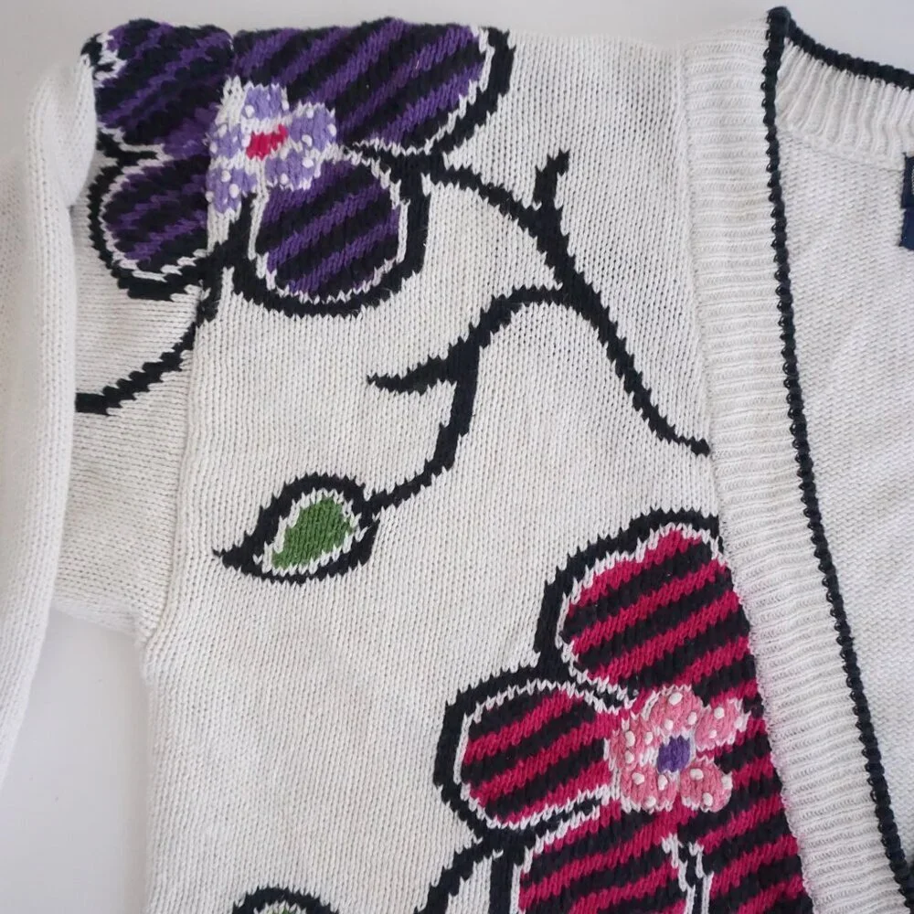 Vintage Herman Geist White Cotton Cardigan Floral Embroidered Grandmacore M - Picture 10 of 11